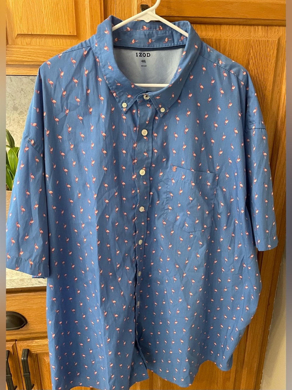 Izod Blue Button-Down Shirt with Pink Flamingo Motif